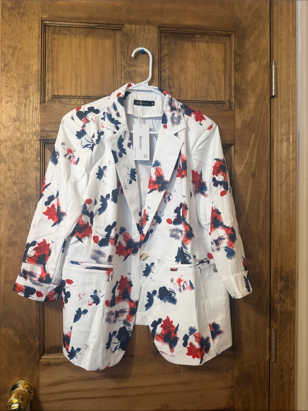 White Floral Blazer with Red & Navy Print